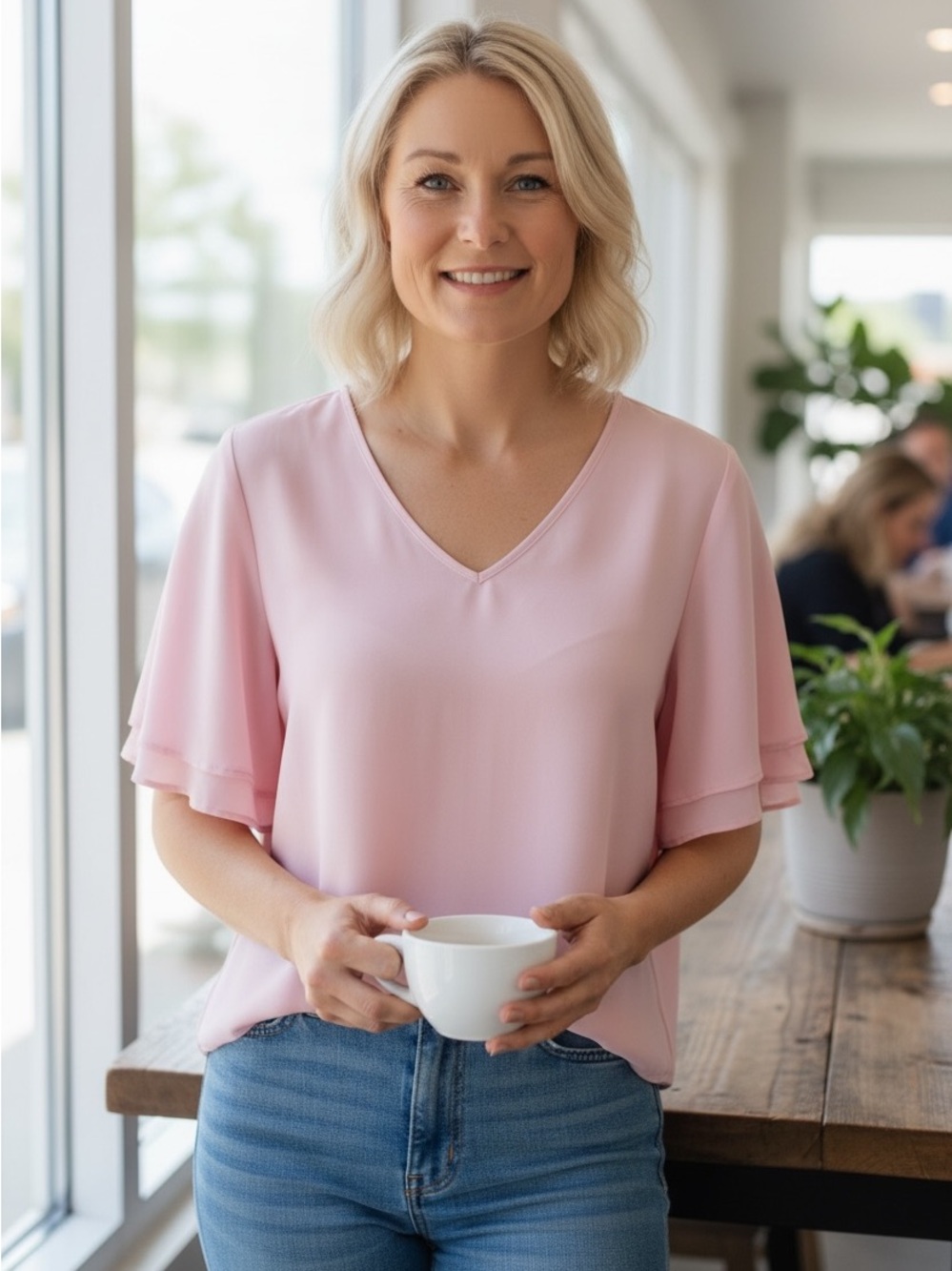 SHEIN Blush Pink V-Neck Layered Flutter Sleeve Top